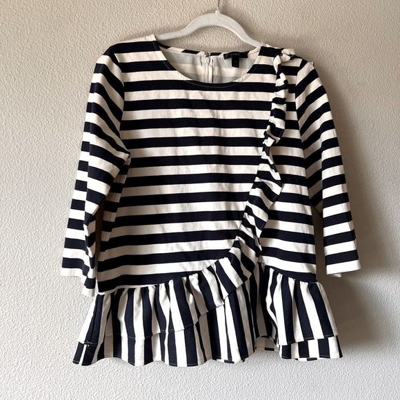 J. Crew 3/4 Sleeve Coastal Chic Stripe Ruffle Front Peplum Navy/White Top Size M - Picture 1 of 6